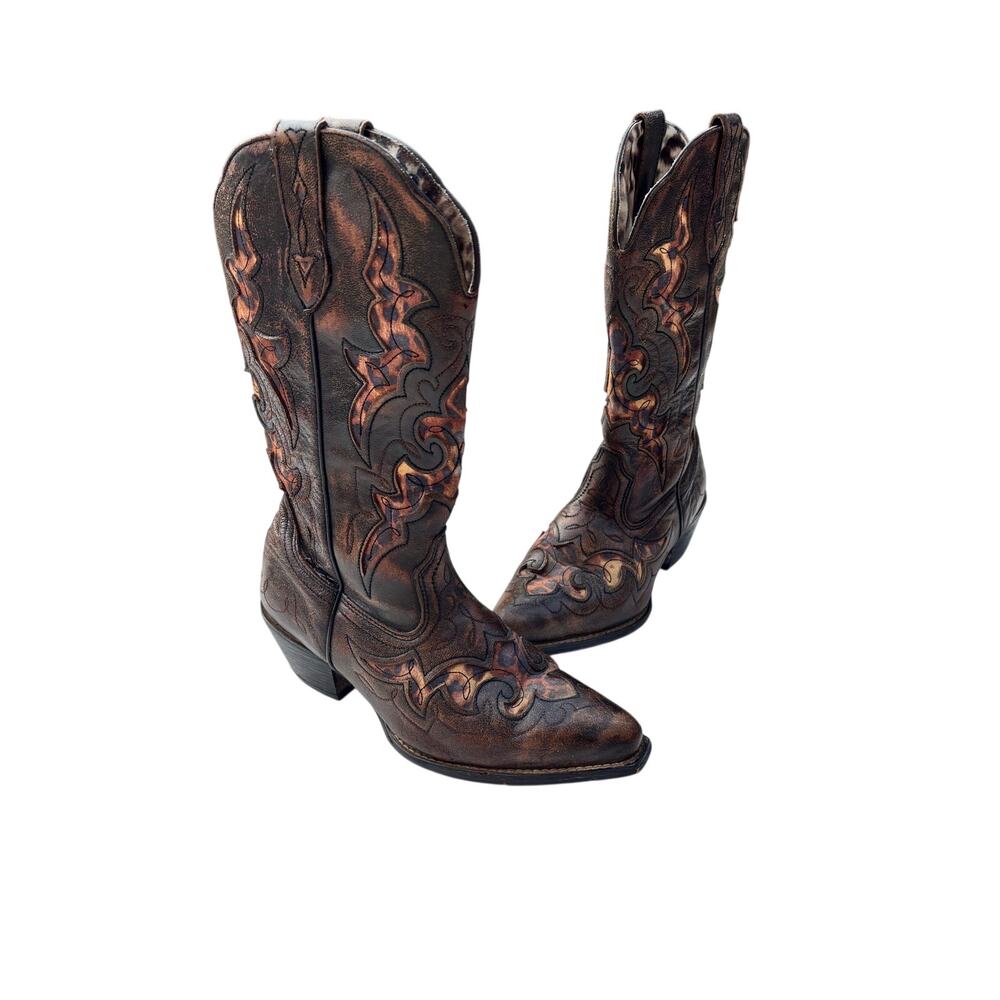 Laredo Women's Brown Leather Western Boots Animal Print Cutout 6.5